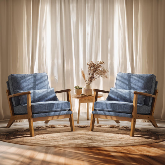 VINGLI Solid Wood Wide Armrests Accent Chair,Upholstered Mid Century Modern Chair with Pillow,Comfy Reading Chair Farmhouse Arm Chair,Chairs Living Room,Bedroom,Guest Room,Linen Fabric,Beige