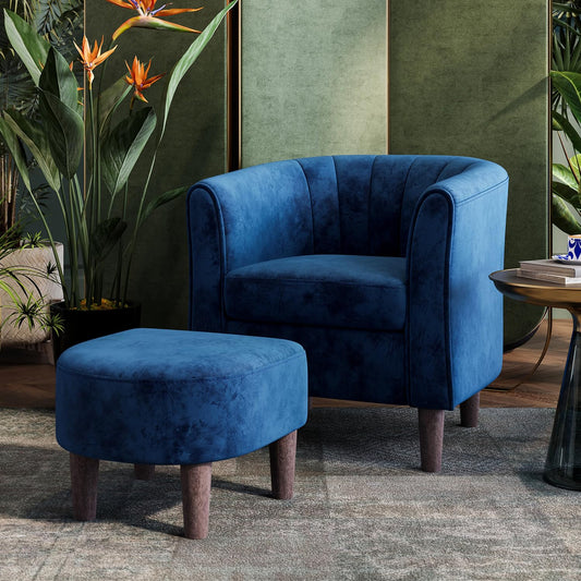 LINSY Accent Chair with Ottoman, Modern Barrel Chair Comfy Armchair Reading Chair with Footrest, Round Arms Chair for Living Room Bedroom Reading Room, Velvet, Olive